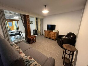 Télévision, cheminée, lecteur de DVD, livres