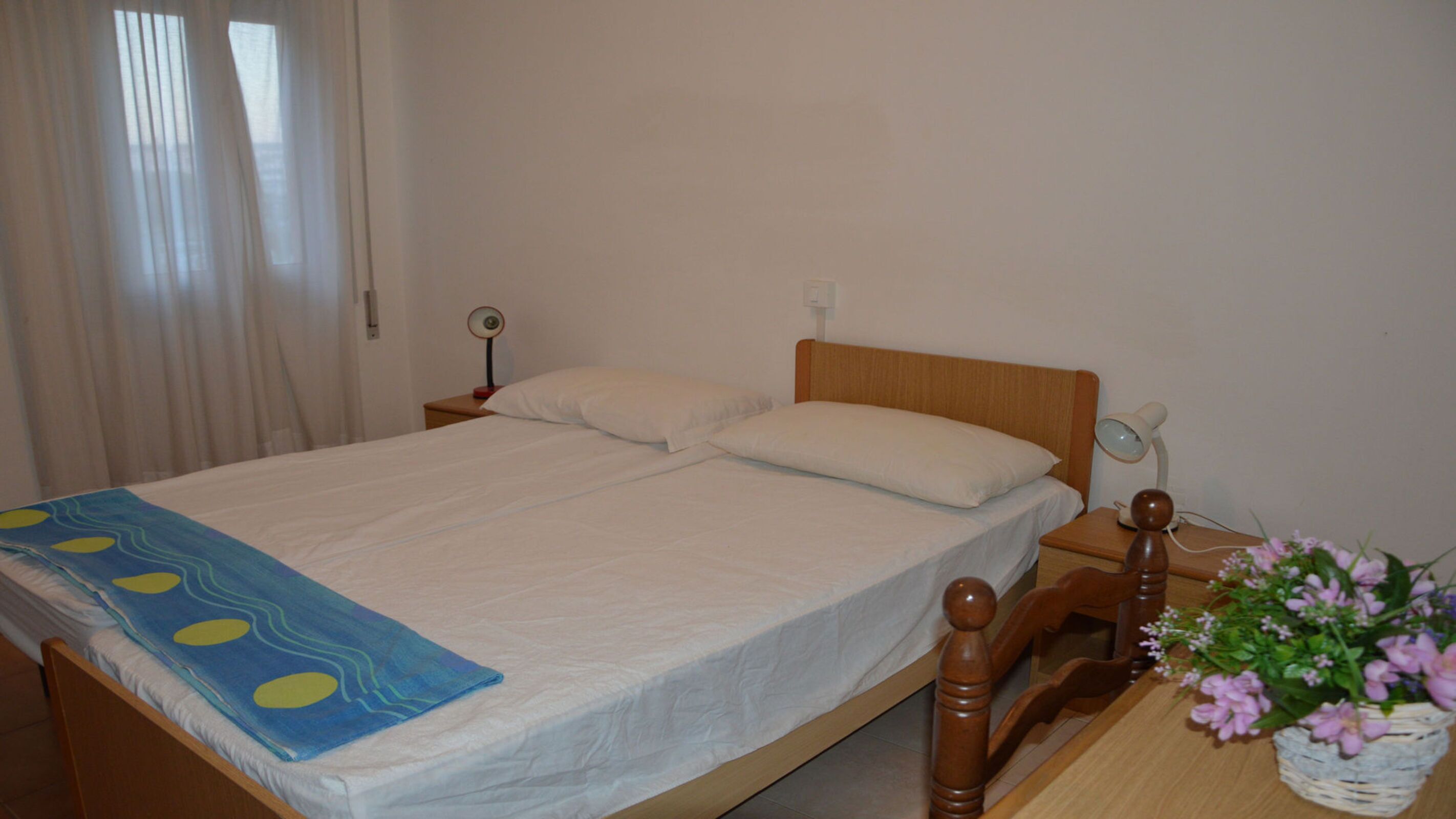 A single bed with a wooden headboard, a bedside table with a lamp, and a small plant on the nightstand.