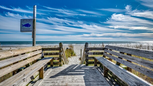 A wooden boardwalk leading to a beach with a lost children identification symbol sign. - Shore Nuff: Surfside Beach. 1 blk to Beach, Private Pool, Golf Cart (Surfside Beach)