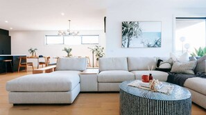 TV, caminetto, libri, impianto stereo