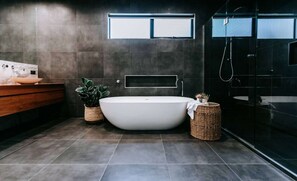 Shower, hair dryer, towels, soap