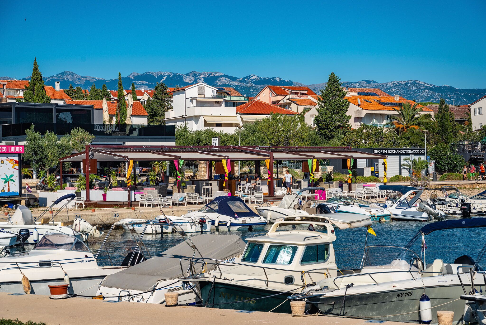 A marina with boats docked, a covered seating area, and buildings with red roofs in the background.