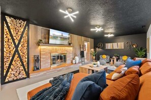 Smart TV, fireplace, video games, foosball