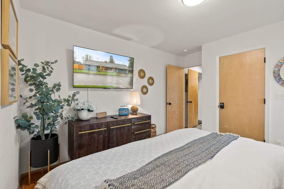 Una camera da letto con un letto, una TV a muro, una cassettiera, una pianta in vaso e due porte.