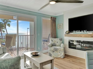 Unwind in your soothing coastal retreat with ocean breezes and serene water views just beyond your private balcony. The calming beach-inspired tones invite you to truly relax and recharge.