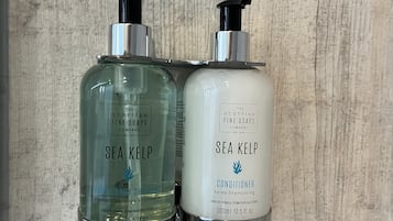 Dos productos de alga marina, un champú verde para cabello y cuerpo y un acondicionador blanco, sobre una superficie de madera.