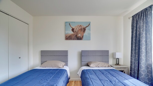 Una camera d'albergo con due letti, un quadro di un toro, un comodino e una finestra con tende.