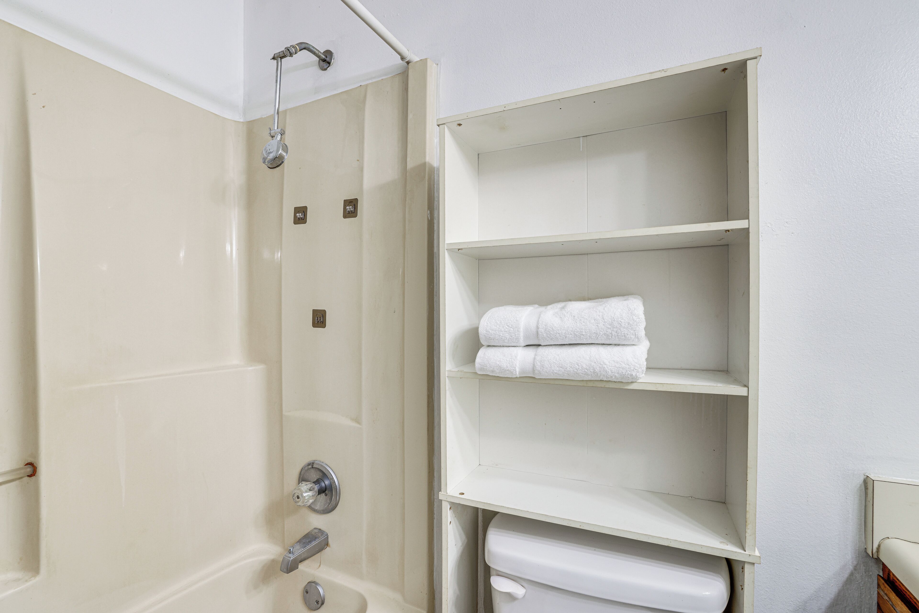 Une salle de bain avec douche, toilettes et étagères pour les serviettes.