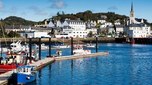 A harbor with boats docked, a hotel named 'Bay View Hotel' in the background, and a church steeple on a hill. - Harefield Holiday Home (Carrick)