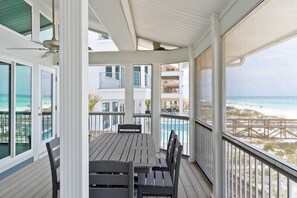 Enjoy dining al fresco on the deck overlooking the ocean.