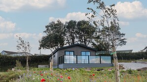 A modern house with a large glass balcony, surrounded by a field of poppies and other wildflowers. - Primrose Lodge (Dartmouth)