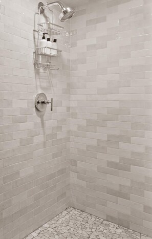 Shower, hair dryer, towels, shampoo