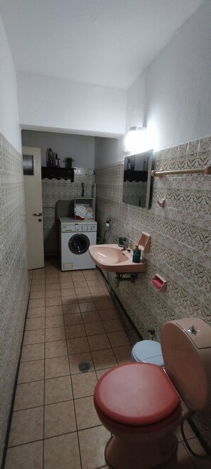 A compact bathroom with a washing machine, sink, toilet, and a mirror. - Kastraki House with a view (Kalabaka)
