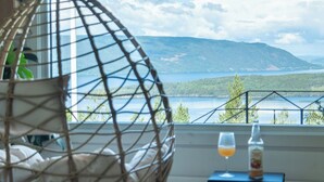 A room with a hanging chair, a small table with a glass and a bottle, and a view of a lake and mountains through a window.