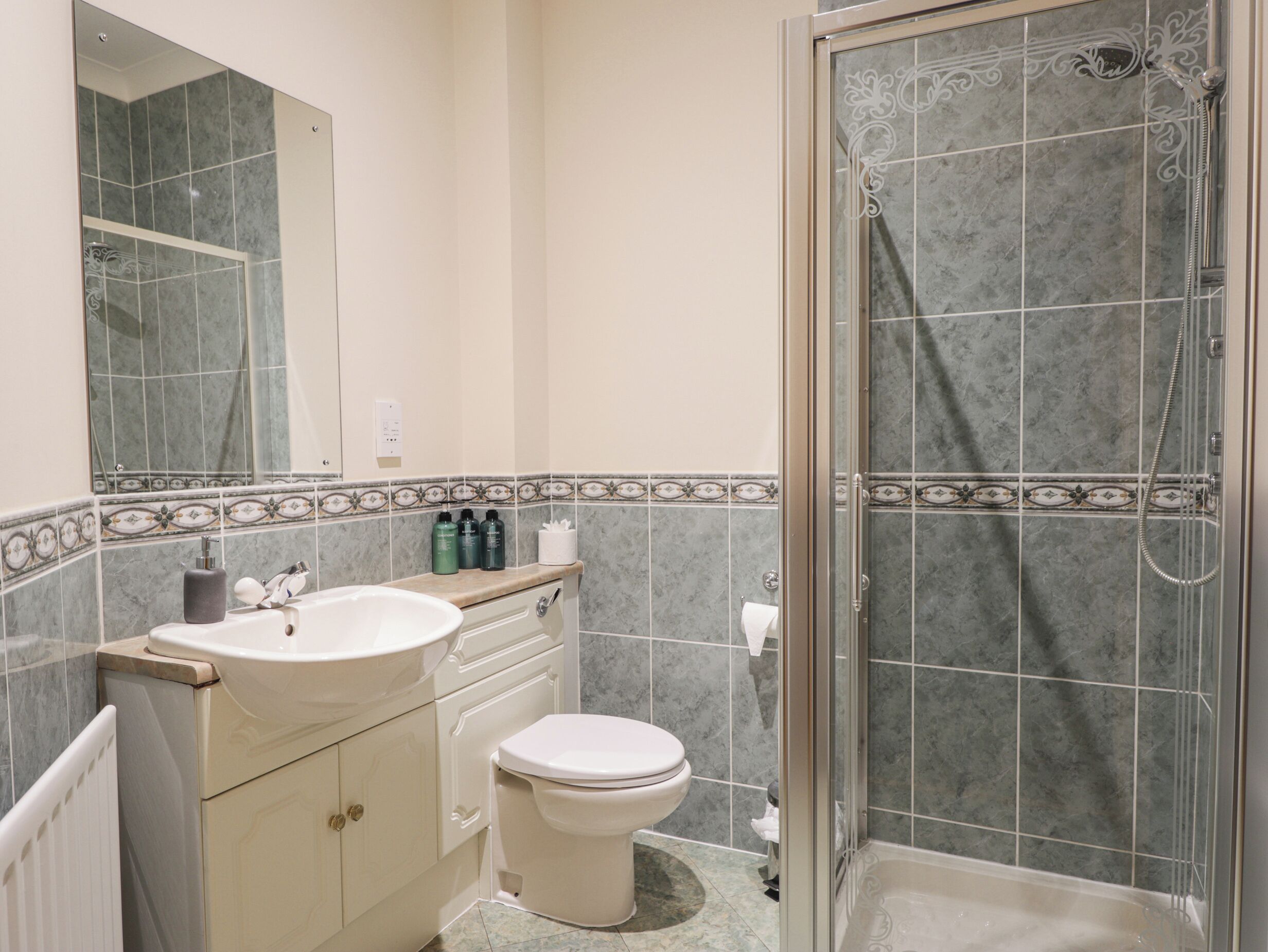 Une salle de bain équipée d’une douche, de toilettes, d’un lavabo et d’un meuble-lavabo.