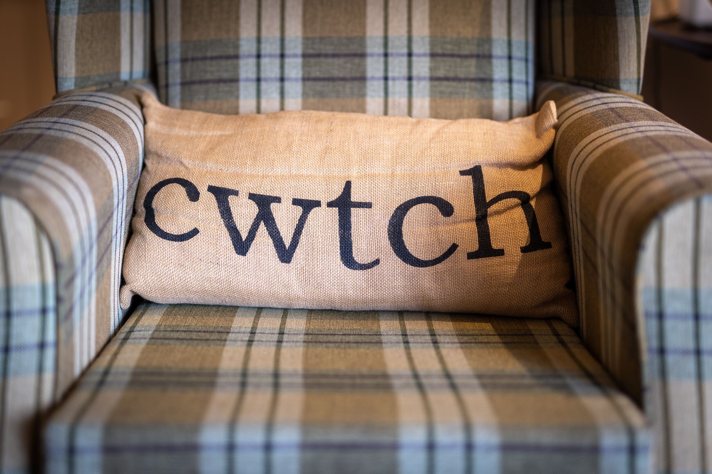 A plaid armchair with a cushion that has the word "cwtch" embroidered on it.