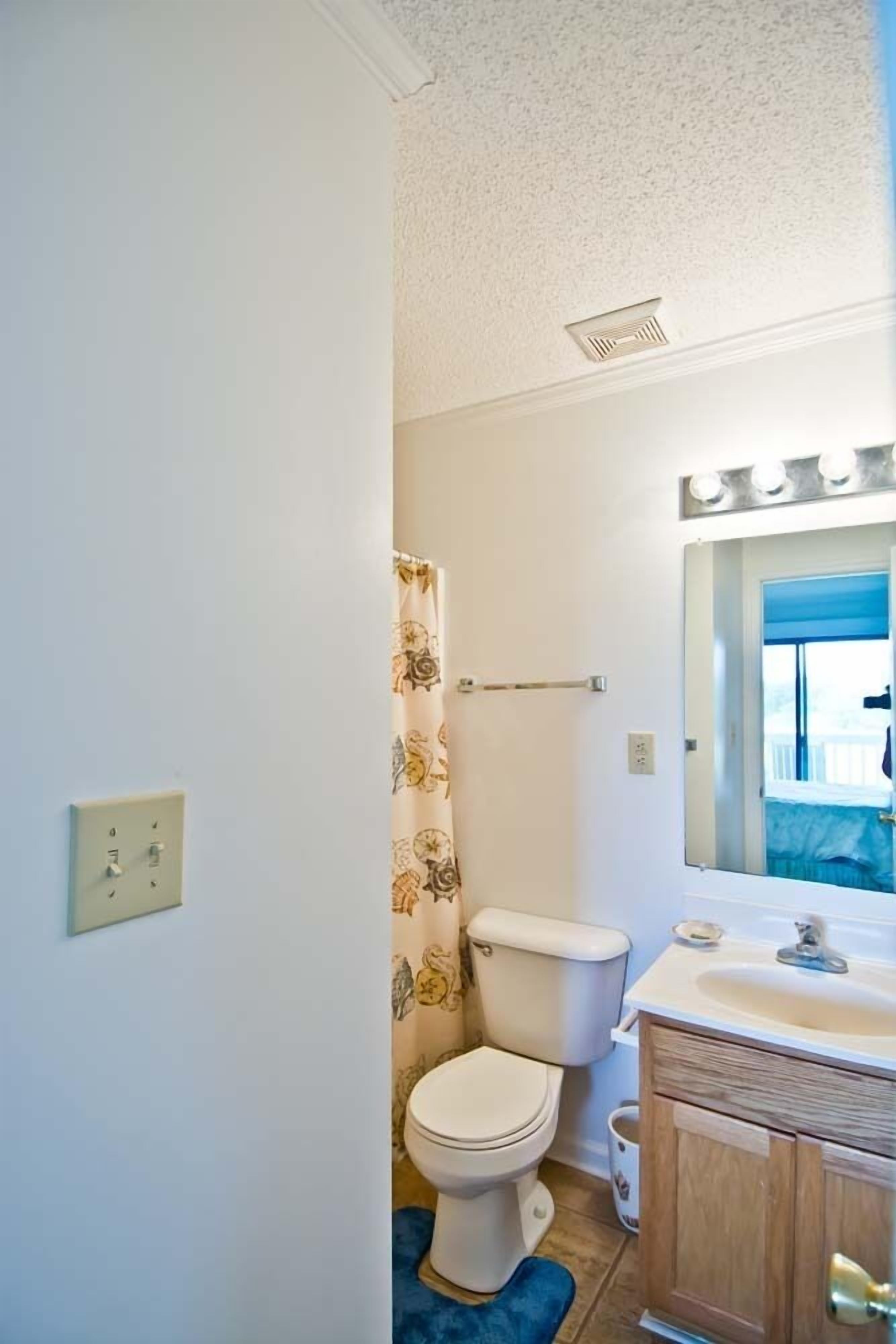 A bathroom with a toilet, a sink, a mirror, and a shower curtain.