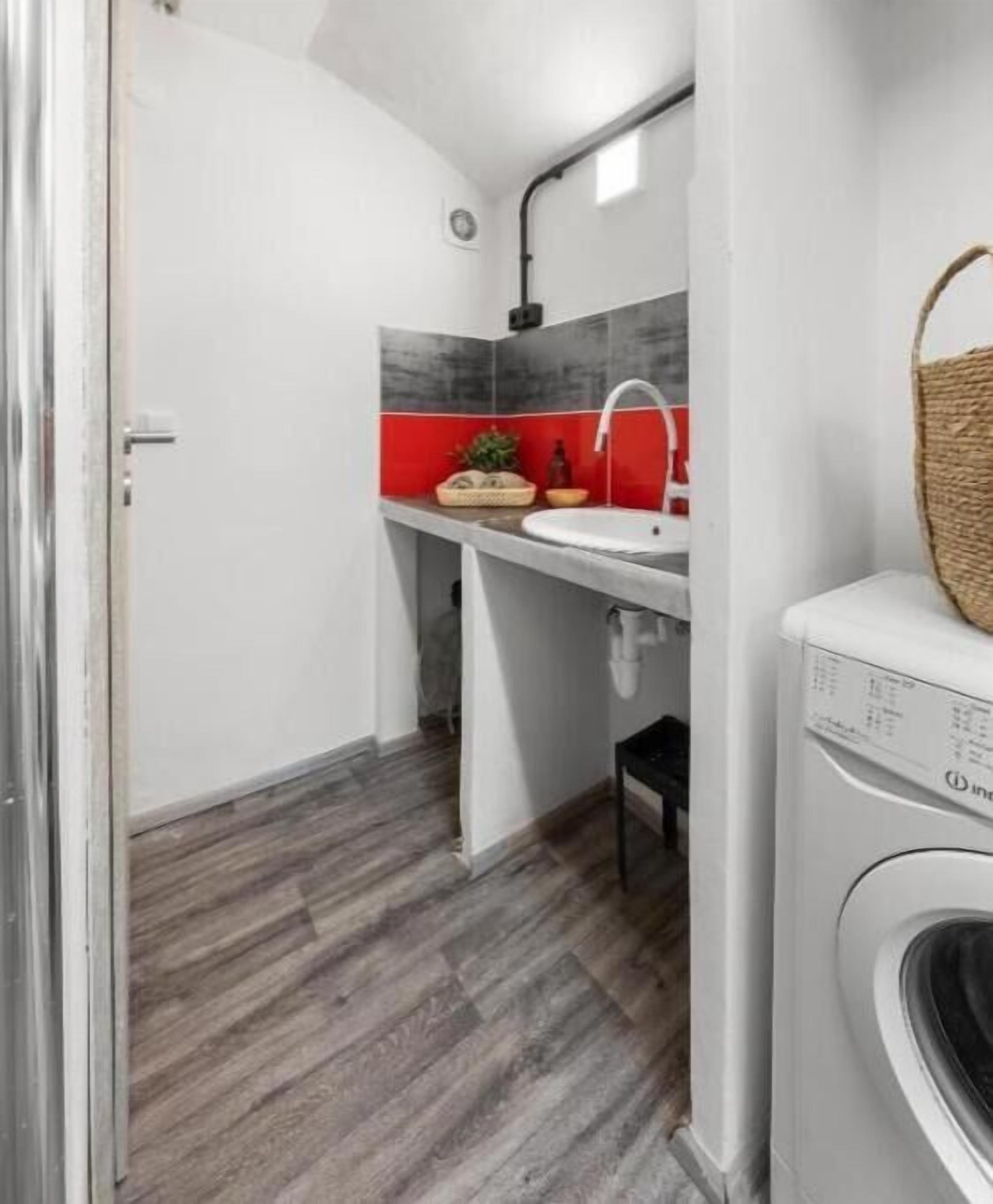 Een kleine wasruimte met een wasmachine, een wasbak en een klein aanrecht met een mand en een plant.