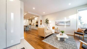 Smart TV, fireplace, books, offices