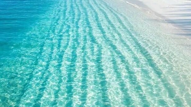 On peut clairement voir une plage avec une eau turquoise et du sable blanc.