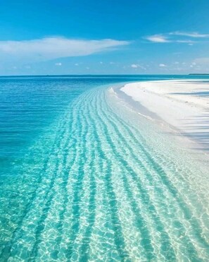 Una vista despejada de una playa con aguas turquesas y arena blanca.