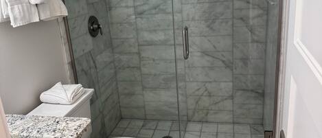 Un baño con ducha de vidrio, inodoro y lavabo con encimera de mármol.