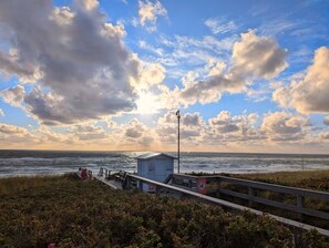 Enjoy a serene ocean view from this coastal spot, where a lifeguard station stands on a wooden walkway amidst lush vegetation.