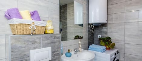 Hair dryer, towels, soap, toilet paper