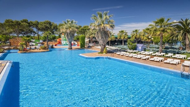 Una gran piscina rodeada de palmeras y sillas de descanso.