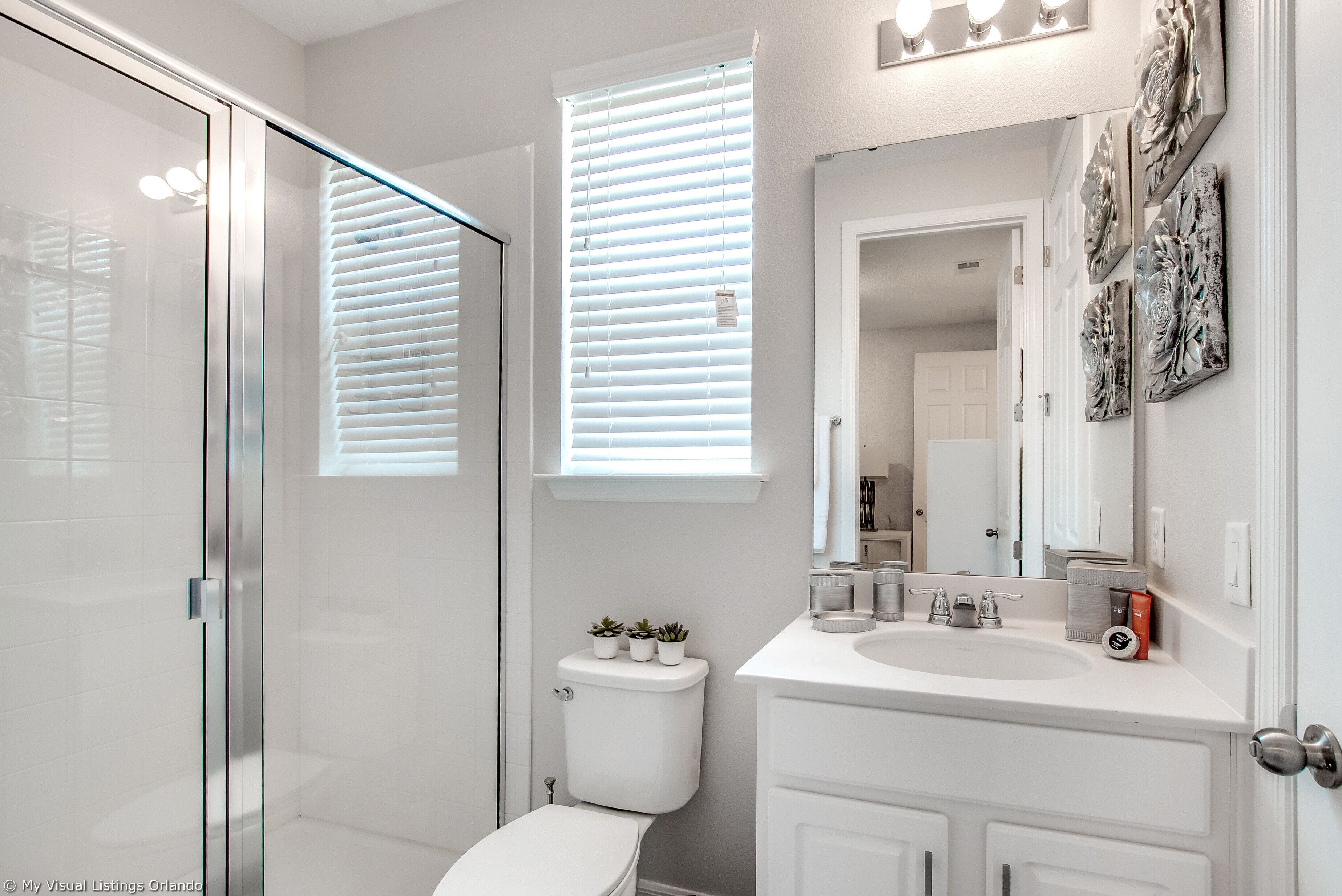 A modern bathroom with a glass shower enclosure, a toilet, and a vanity with a sink and mirror.