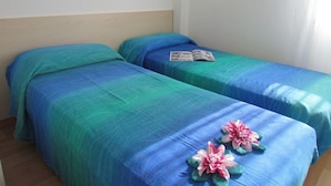 A room with two beds, each with a blue and green bedspread and a book on one bed.