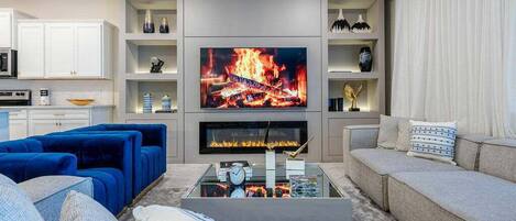 Smart TV, fireplace, table football