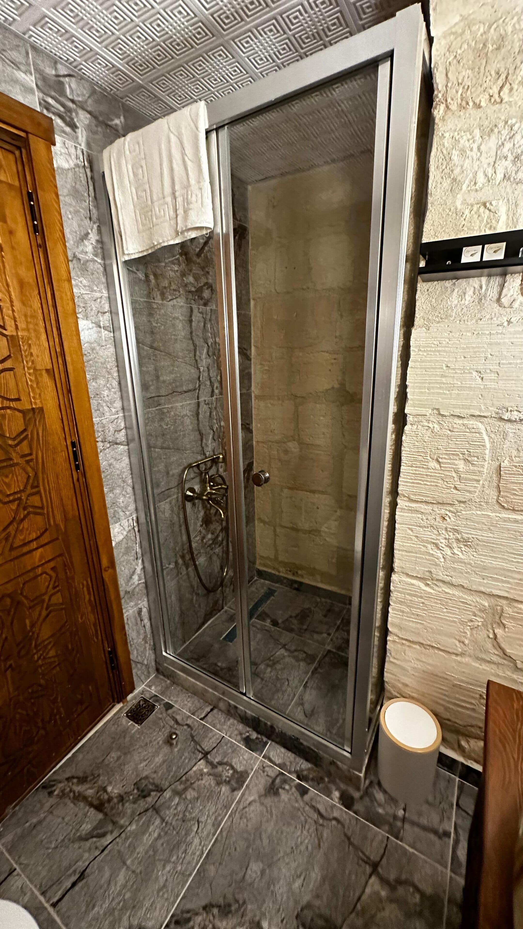 A shower with a glass door, a wooden door to the left, and a textured wall to the right.