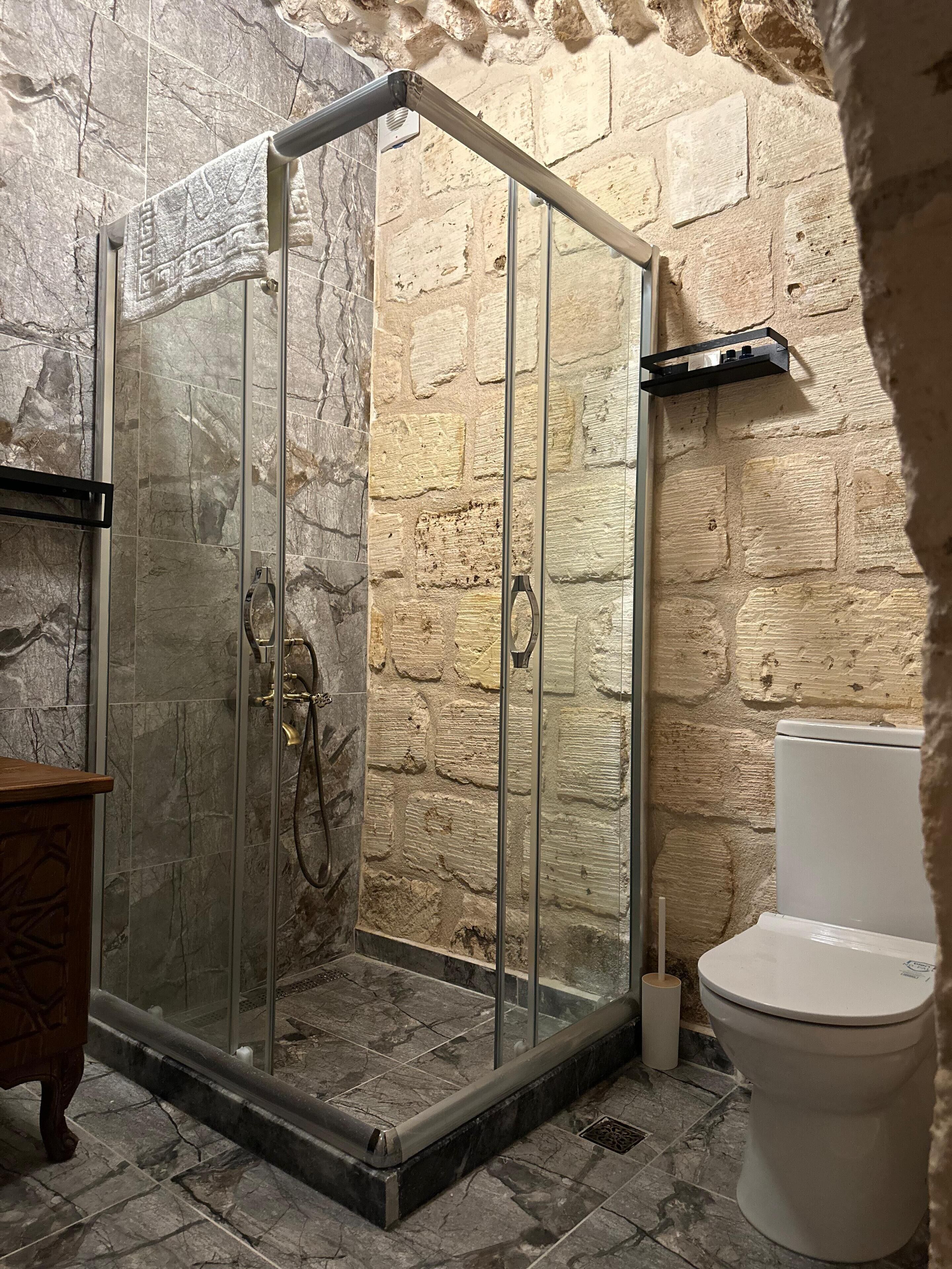 A bathroom with a glass-enclosed shower, a toilet, and a wooden vanity.