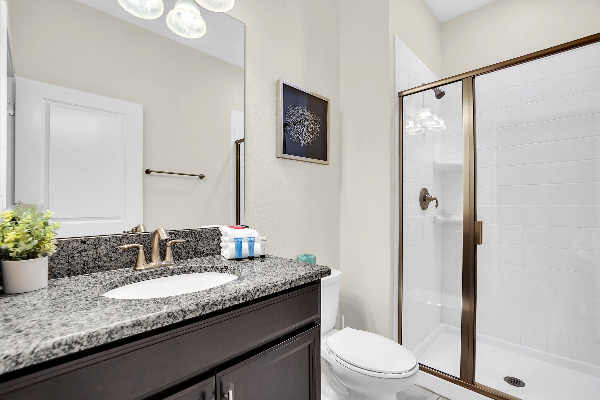 Une salle de bain avec un lavabo surmonté d’un plan de travail en granit, des toilettes blanches, une douche en verre et une œuvre d’art encadrée au mur.