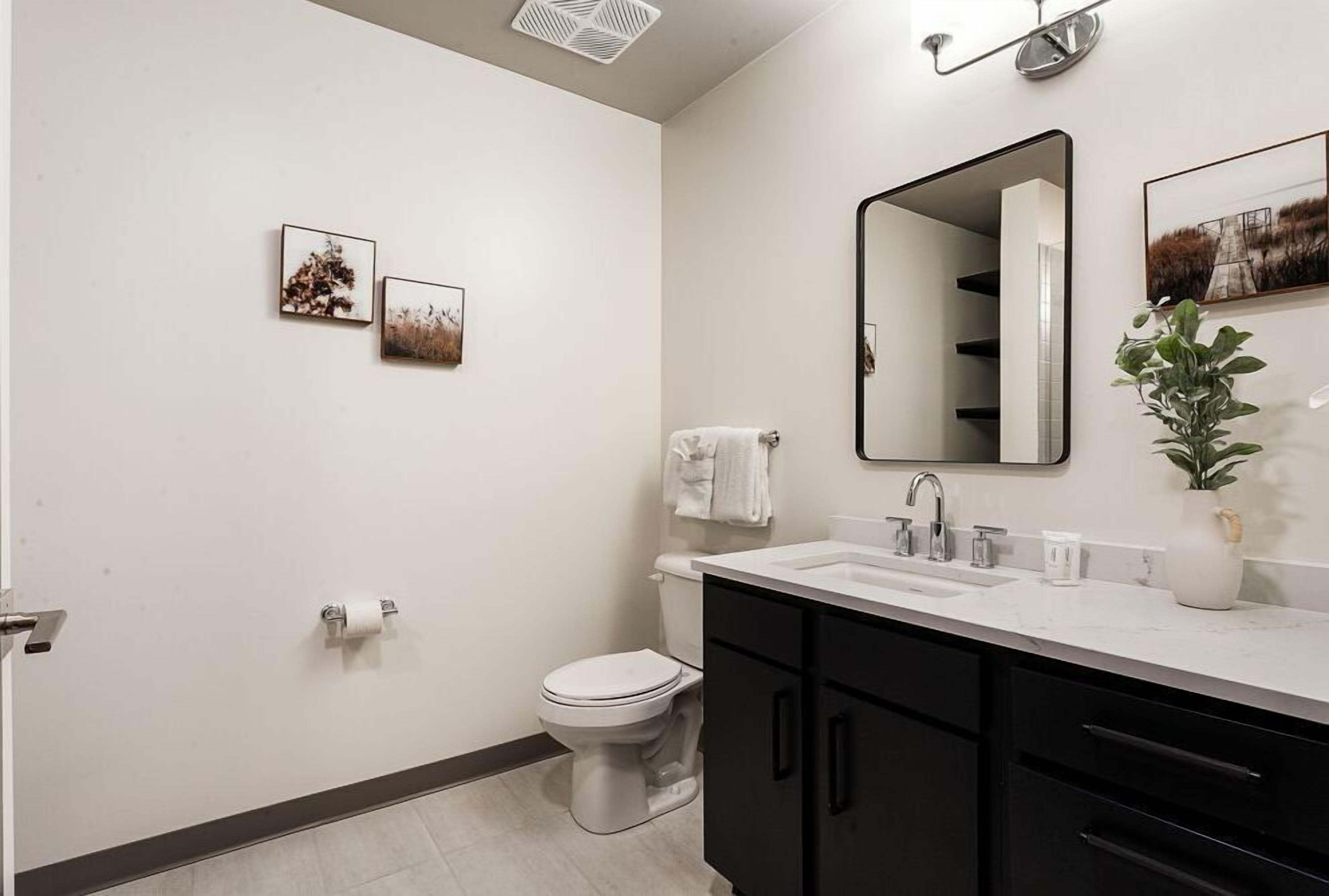 Et moderne badeværelse med toilet, vask og spejl. To billeder hænger i rammer på væggen, og der står en potteplante på bordet.