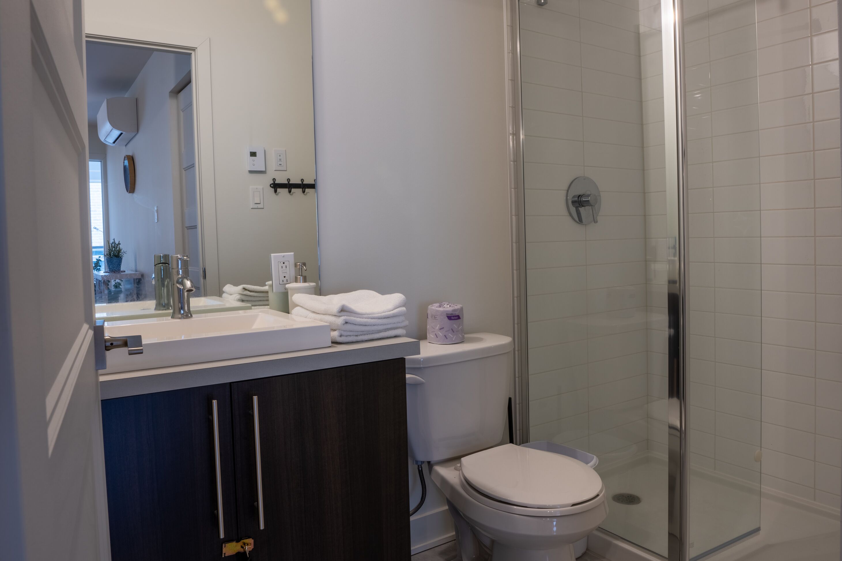 A modern bathroom with a glass-enclosed shower, a white toilet, and a vanity with a mirror and towel rack.