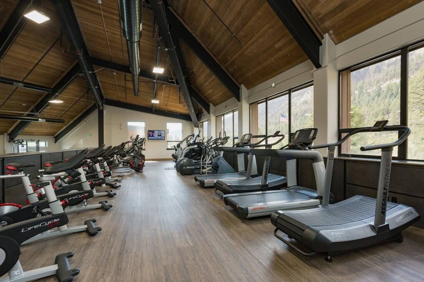 A gym with treadmills, elliptical machines, and weight machines.