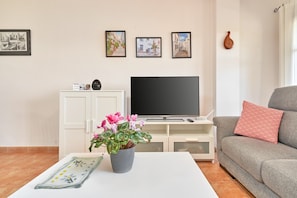 A living room with a flat-screen TV, a sofa, a coffee table with a plant, and a cabinet.