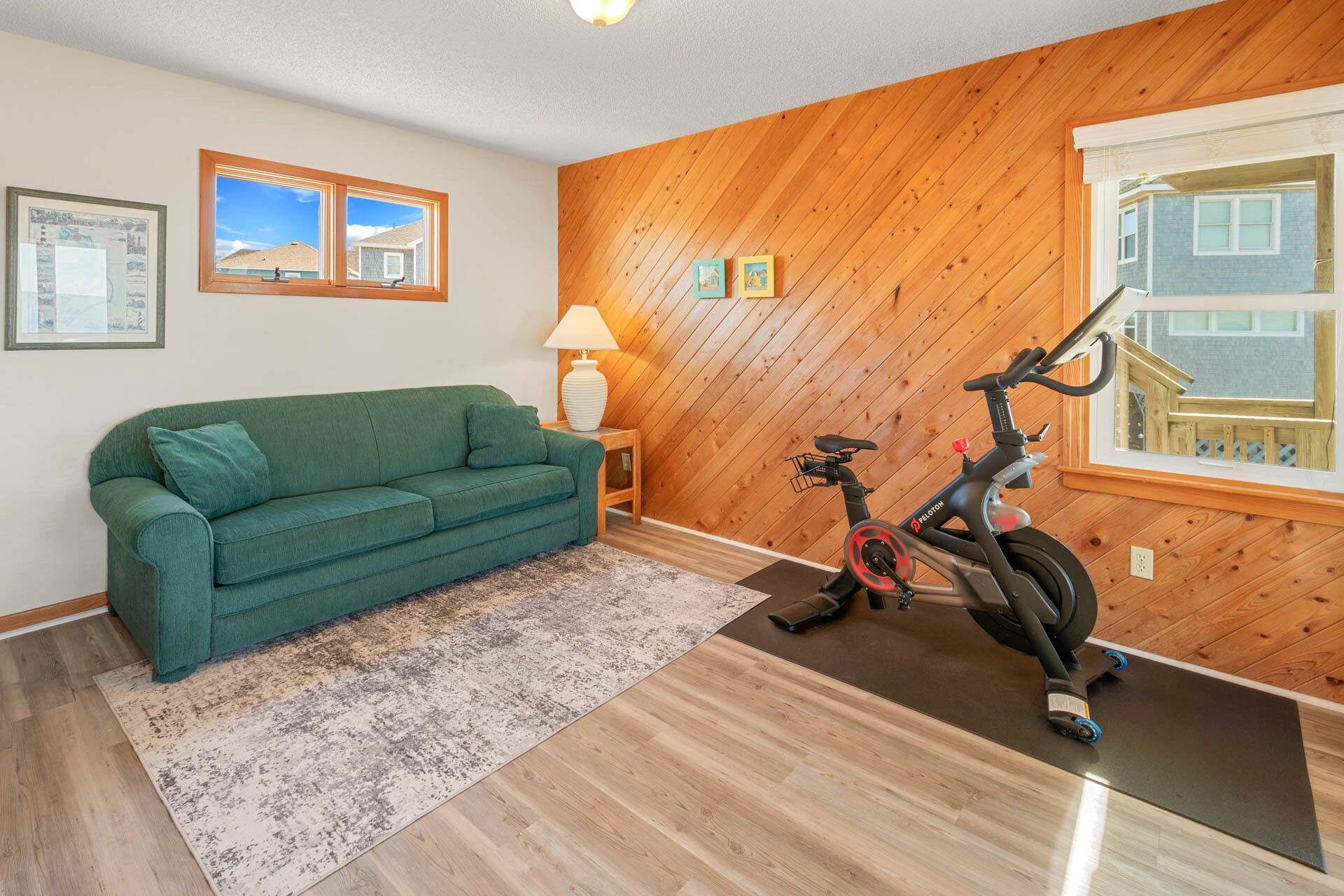 A room with a green sofa, an exercise bike, a wooden wall, and a window with a view of a house.