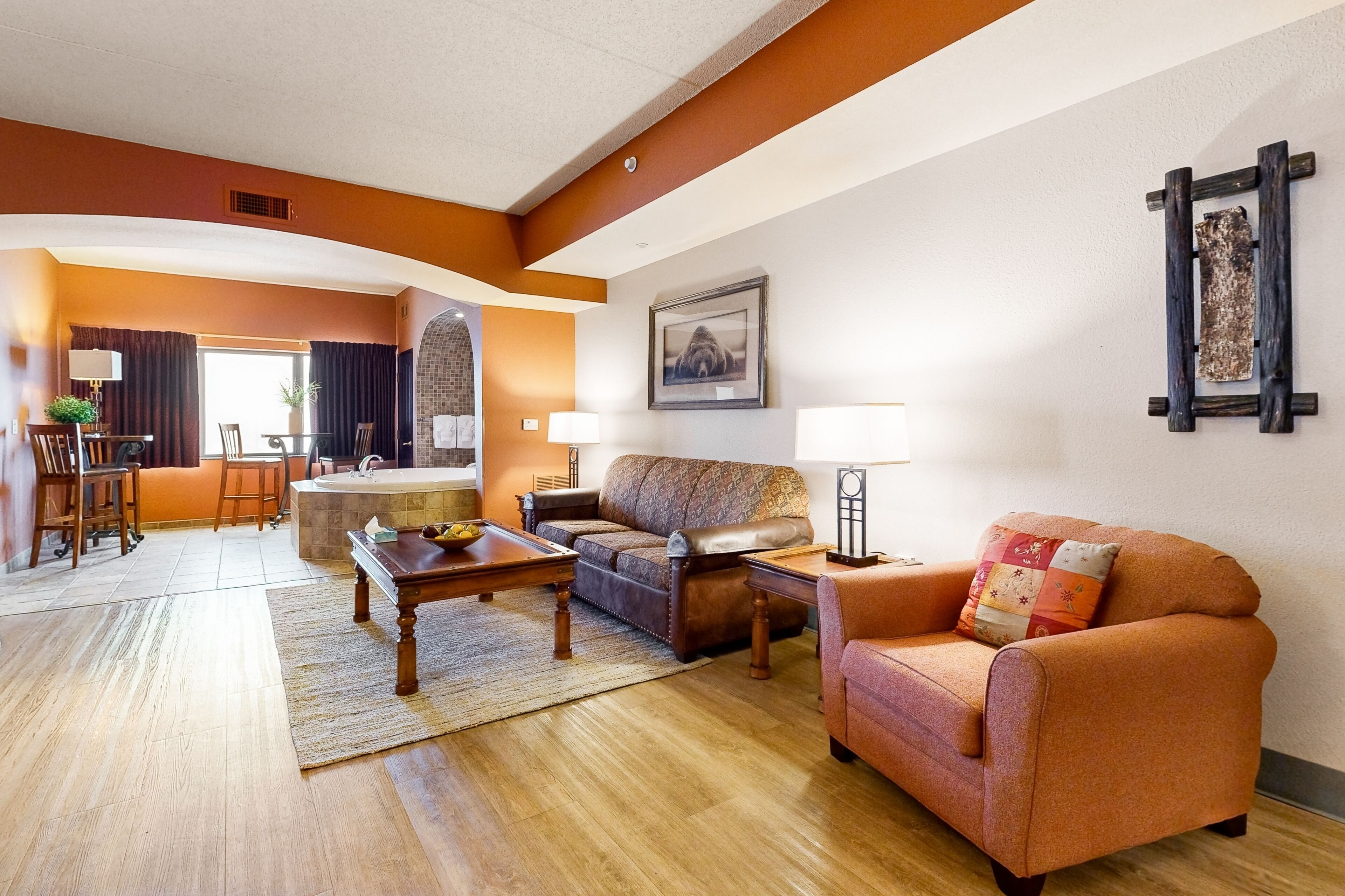 Studio/two-bedroom combo with fireplace, balcony, & jetted tub