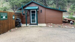 Une petite cabane avec une porte verte et une fenêtre, entourée d’une clôture en bois, avec une table de pique-nique et un barbecue à proximité.