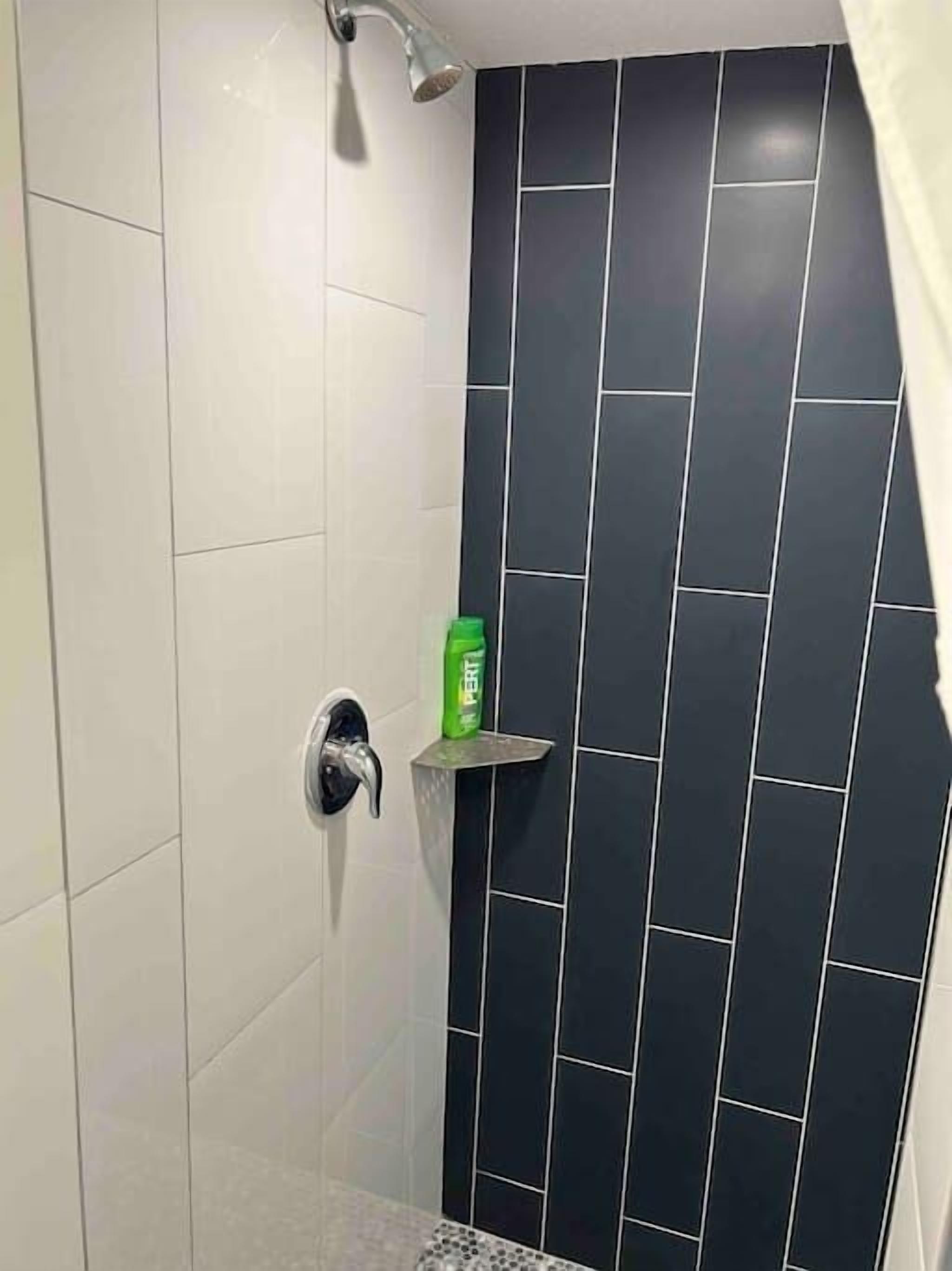 A shower with a white tiled wall and a black tiled accent wall.