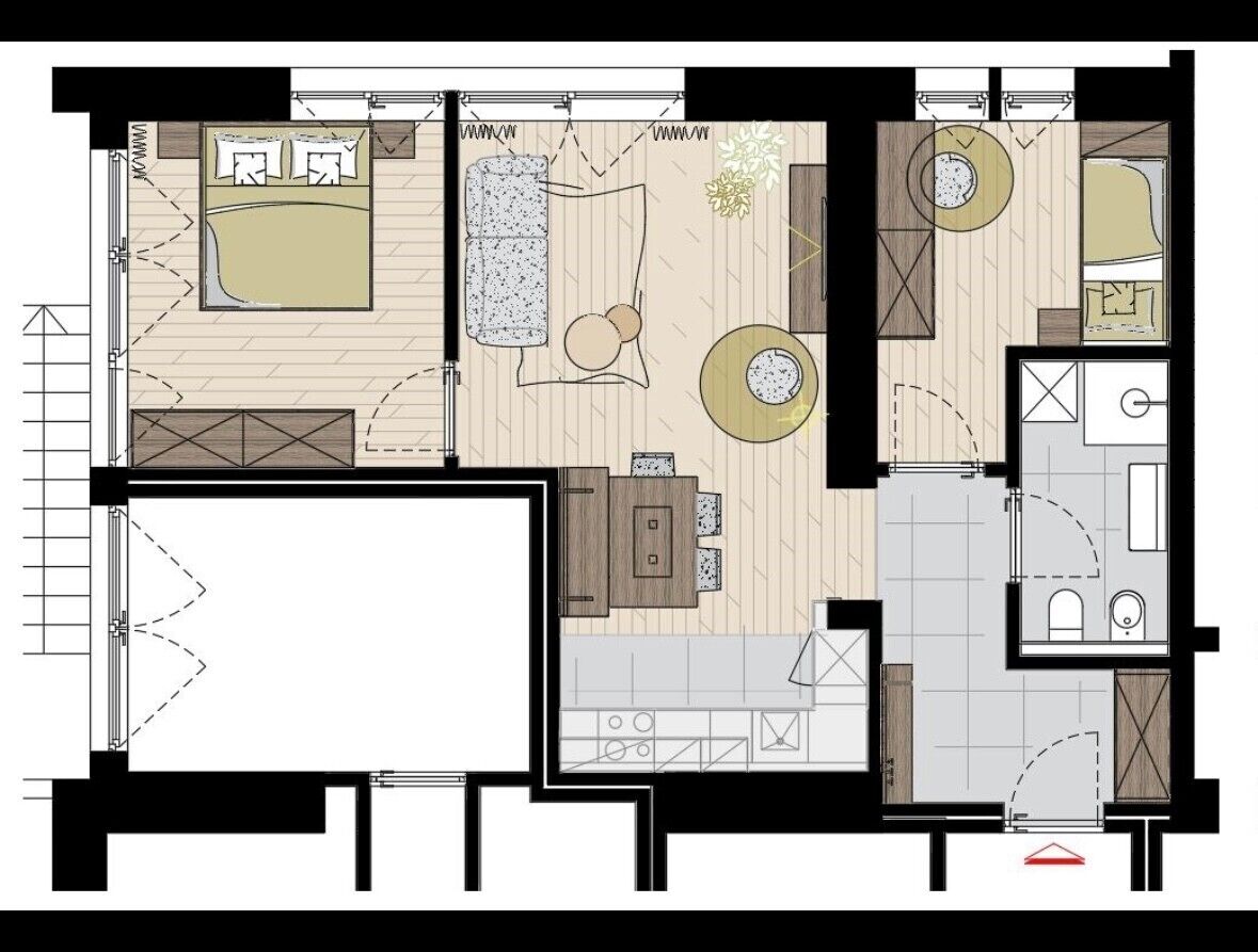 Een plattegrond van een hotelkamer met een bed, een zithoek, een kitchenette en een badkamer.
