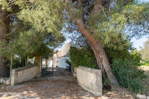 A pathway leading to a building with a stone wall and metal gate, surrounded by trees.