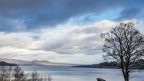 A lakeside view with a wooden dock, a green shed, and a leafless tree. - Leven Lodge 3 - UK46045 (Loch Lomond)