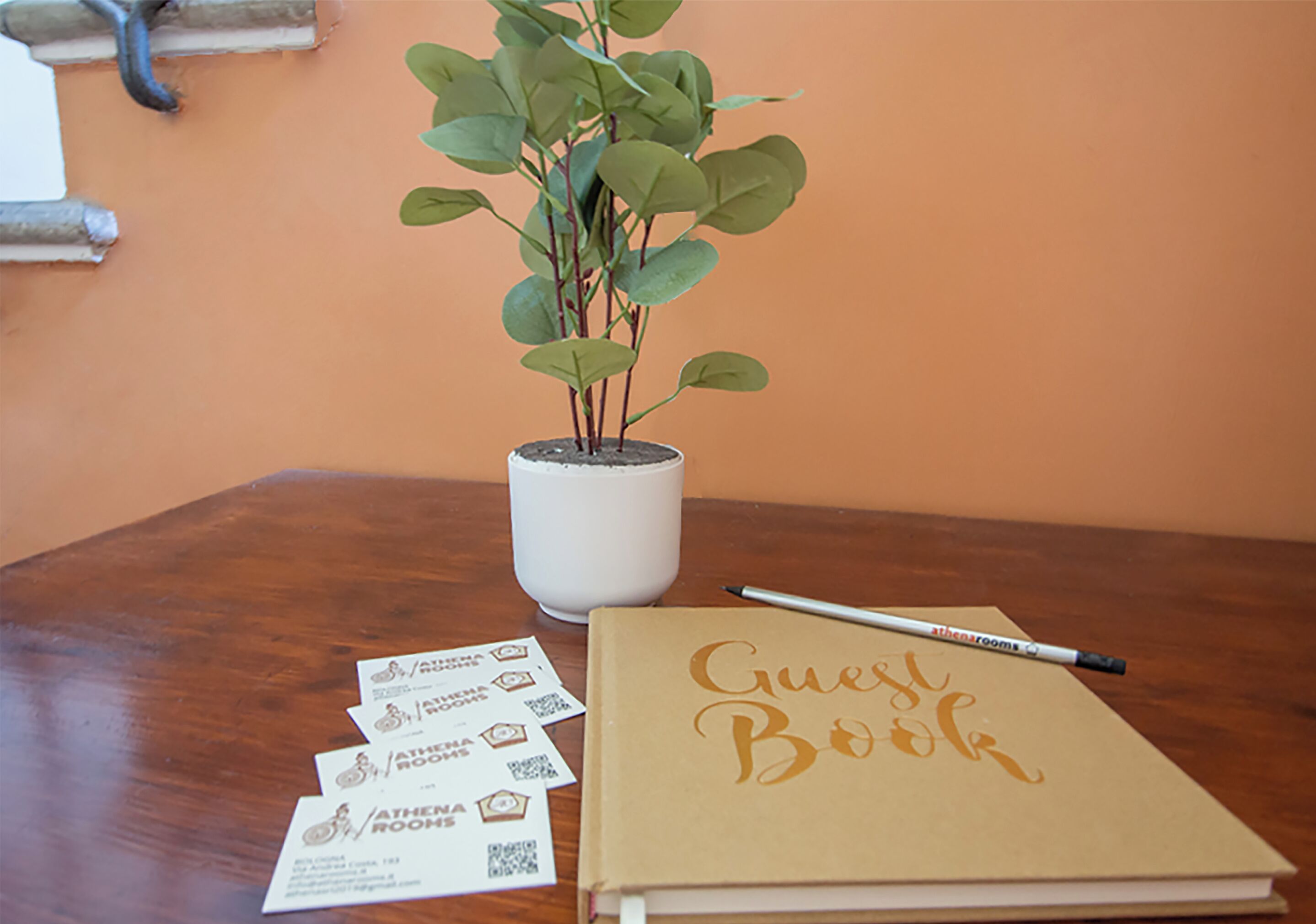 A wooden table with a guest book, a potted plant, and business cards.