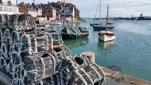 Un puerto con barcos, redes de pesca y casas a lo largo del malecón.