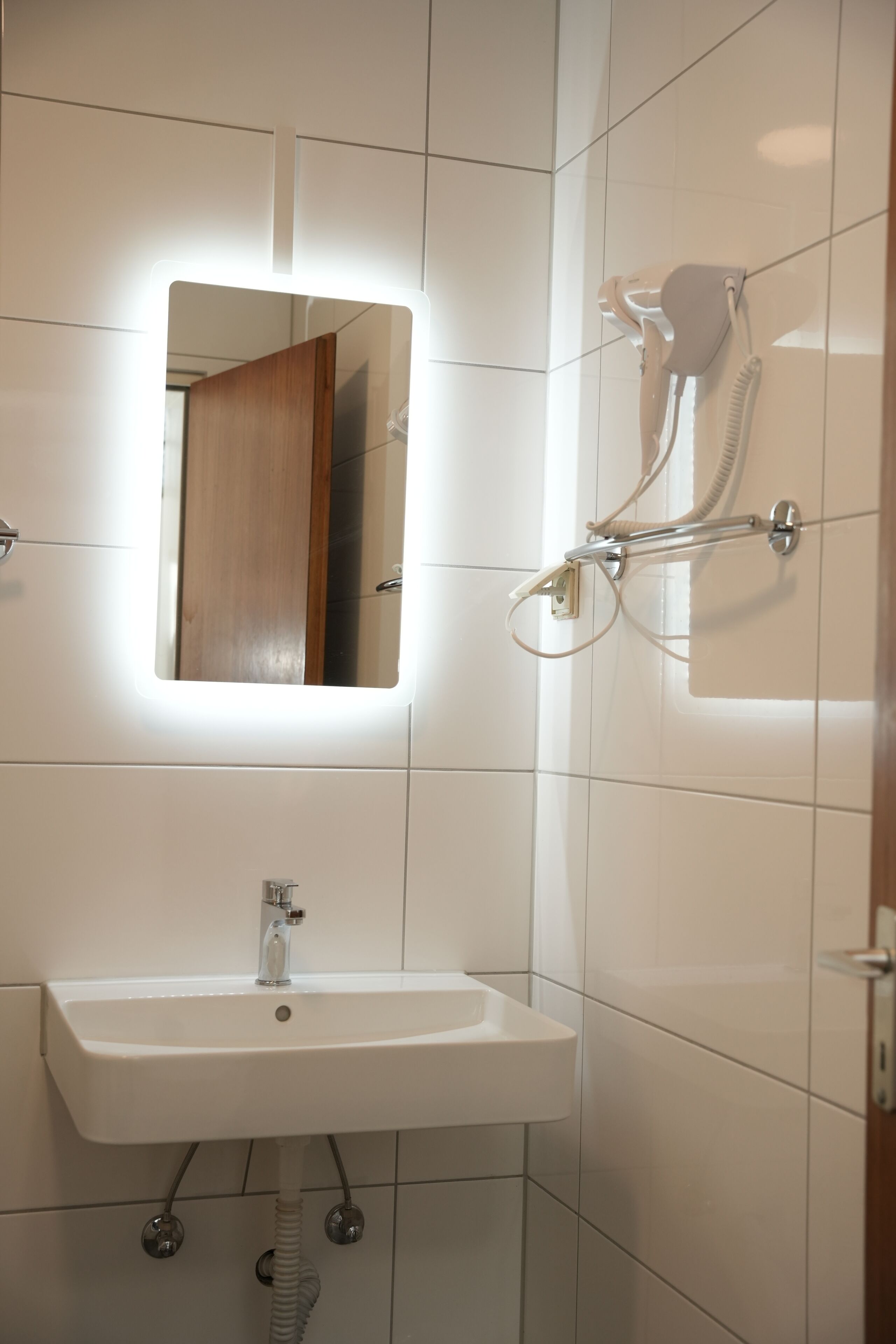 A bathroom with a white sink, a mirror, and a shower with a handheld showerhead.
