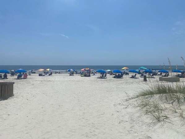 Nära stranden och solstolar